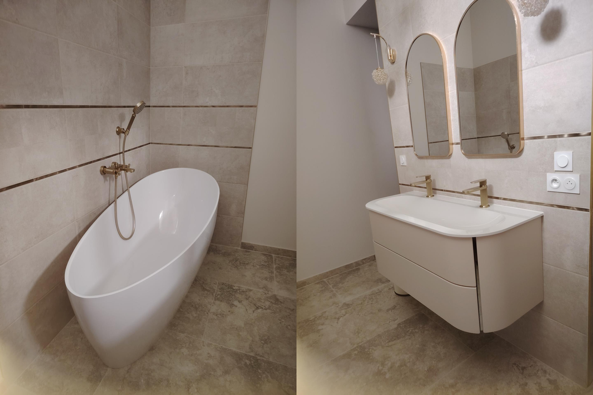 Rénovation salle de bain plomberie installation baignoire et meuble vasque